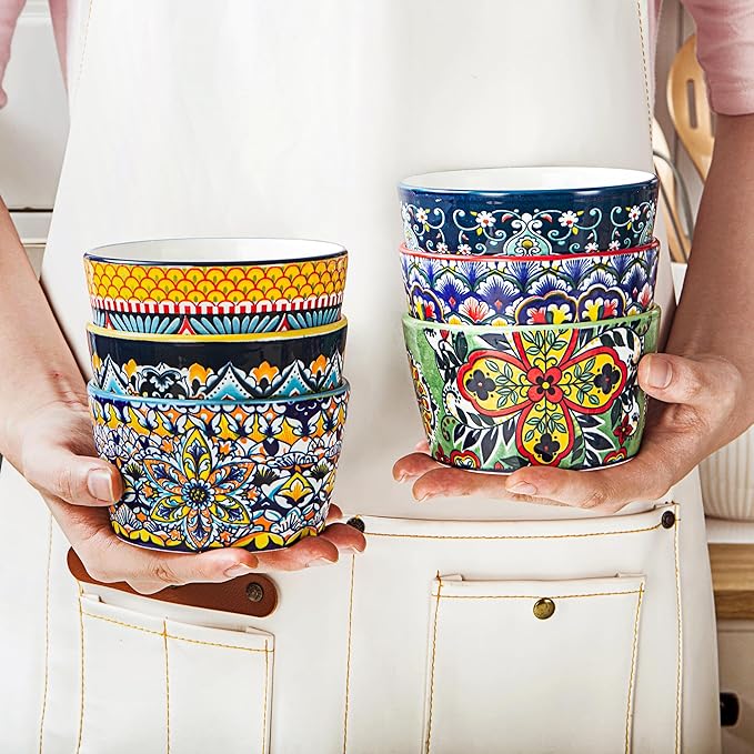8 oz Ramekins Oven-Safe – Baking Cups for Creme Brulee, Puddings, Souffles, Custards, Ice Cream & Dips – Ceramic Single-Serve Bowls Set of 6, Bohemian Style