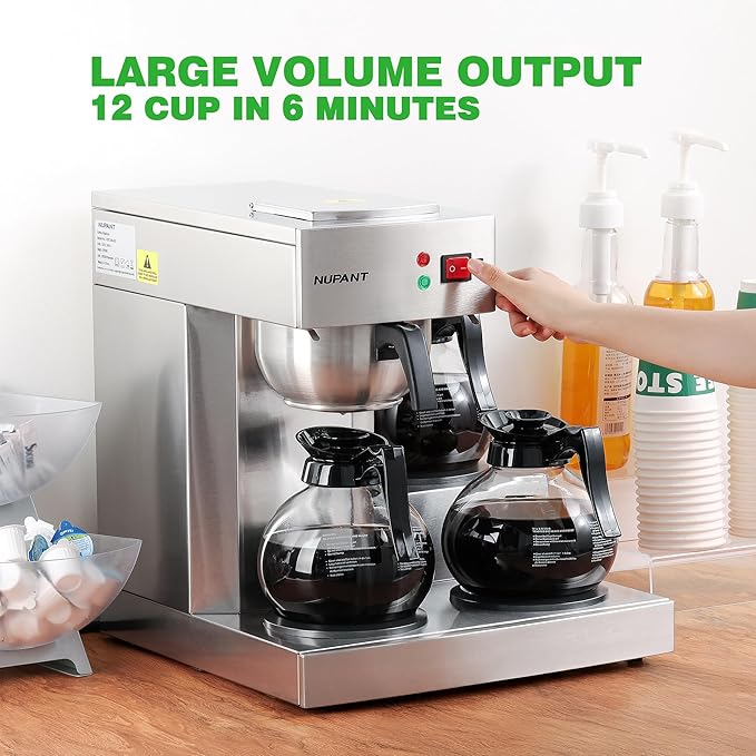 NUPANT 12 Cup Commercial Coffee Maker,Drip Coffee Maker Machine with 3 Warmers Plate and 3 Glass Decanters, Stainless Steel Pour Over Commercial Coffee Brewer for Restaurant, Office, Cafe Use