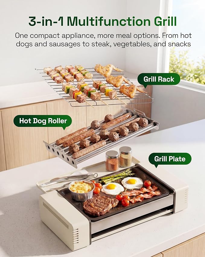 HBN Indoor Grill and Electric Griddle, 3-in-1 Smokeless Indoor Grill with Grill Rack & Nonstick Griddle & Sausage Grill Korean BBQ grill for Kitchen, Dishwasher Safe, 400F (Beige)