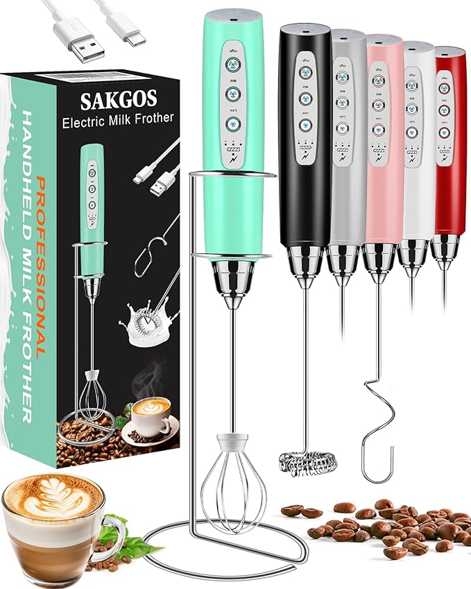 Sakgos Milk Frother with Stand Rechargeable- Handheld Coffee Frother with 3 Stainless Whisks 3 Speed Adjustable, Electric Whisk Drink Mixer, Foam Maker Blender for Matcha Latte Cappuccino Chocolate