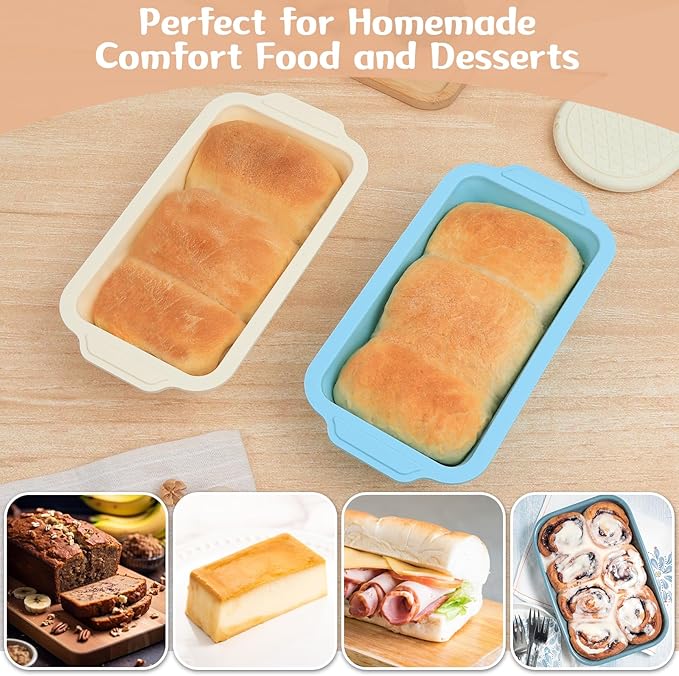 Nonstick Silicone Bread Loaf Pan: 9.5 x 5 Inch Bread Pan for Homemade Rye with Metal Frame - Loaf Mold for Baking Oven - Housewife Baker Home Baking Enthusiasts (Beige & Mint Green)