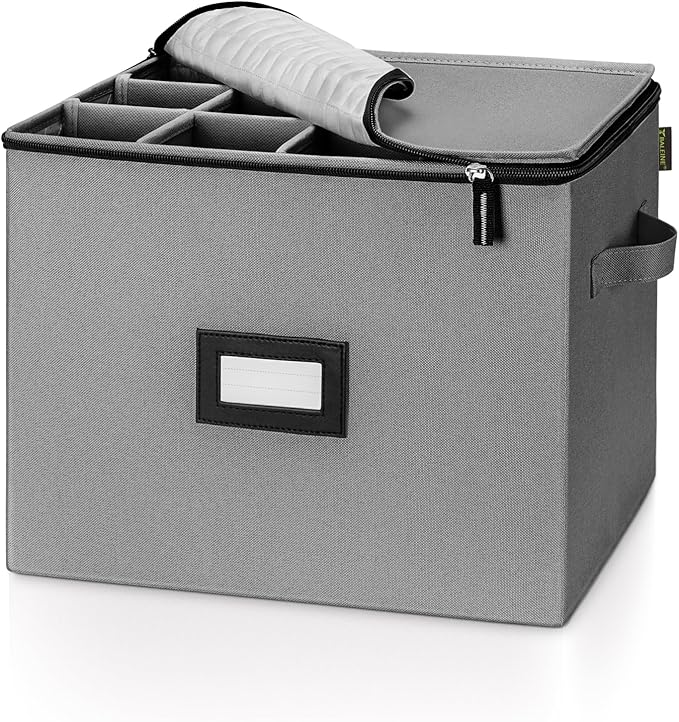 BALEINE China Storage Containers, Sturdy Quilted Wine Glass Storage, Plate Organizer with Carry Handles, Moving Boxes for Dishes, Cups, Mugs and Stemware (Champagne Flute, Hard Shell Grey)