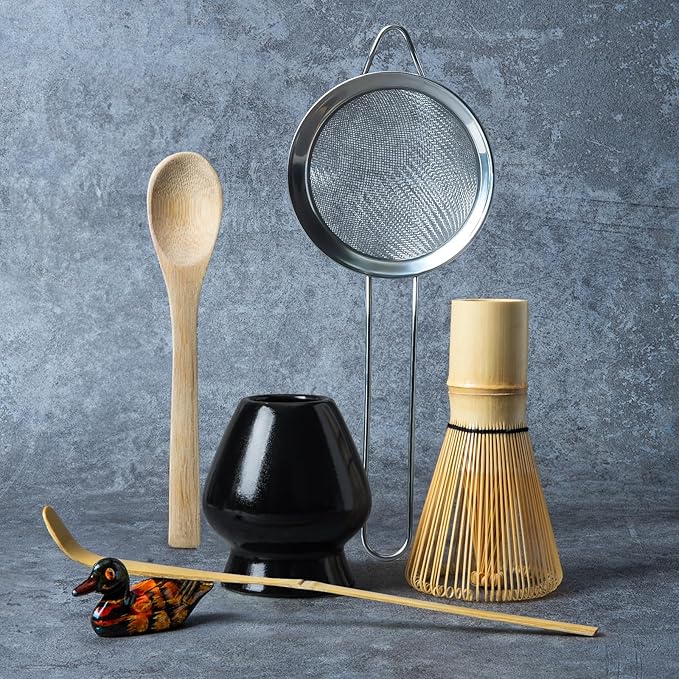 Matcha Whisk Set, Matcha Making Kit Whisk (Chasen Holder), Ceramic Whisk Holder (Black), Bamboo Scoop, Powder Starter Sifter, Spoon Japanese Tea Tools For Ceremony Gift