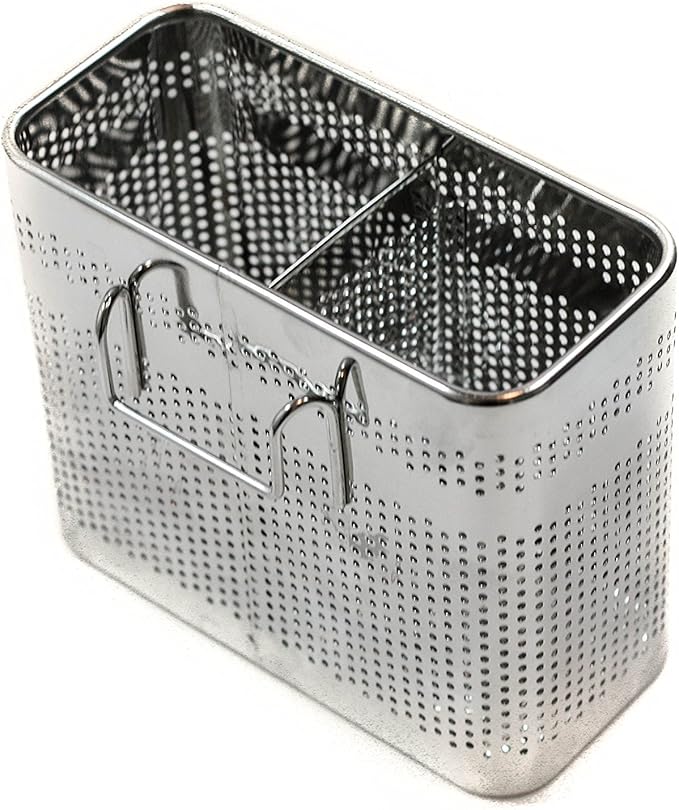 Kitchen Utensils Chopsticks Holder Stainless Steel Perforated Drying Rack Basket with Hooks 2 Divided Compartments Large
