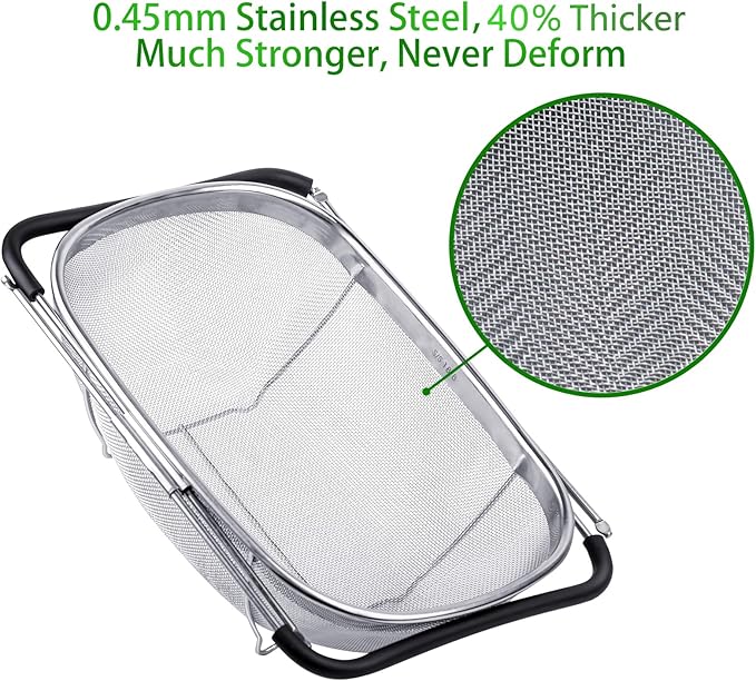 Tiawudi 6-Quart Large Over The Sink Colander, Heavy Duty 40% Thicker 18/8 Stainless Steel Fine Mesh Strainer Basket with Expandable Rubber Grip Handles - Strain, Drain, Rinse Fruits, Vegetables