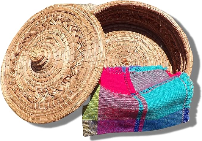 Authentic Mexican Tortilla Warmer Basket - Pine Needle Handwoven with Handloomed Cloth (Natural 8" w cloth)