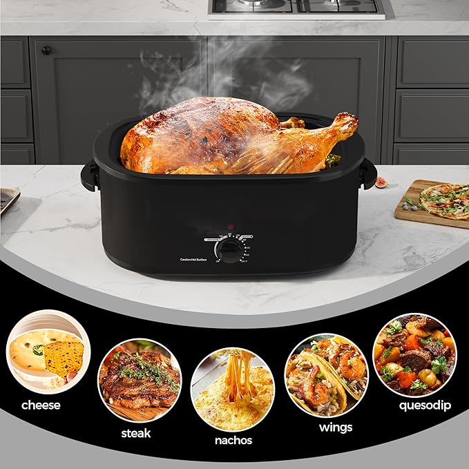 18 Quart Roaster Oven with Self-Basting Lid, Large Electric Turkey Roaster Oven with Defrost & Warm Function, Adjustable Temperature, Removable Pan & Rack, Stainless Steel, Black