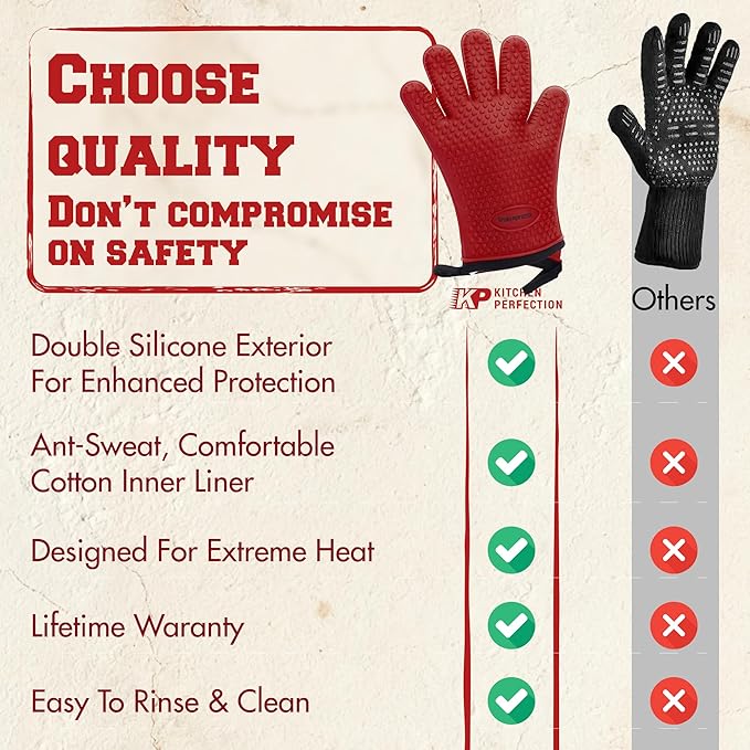 KITCHEN PERFECTION XL Silicone Oven & Griddle Gloves -Extreme Heat Resistant BBQ & Grilling Gloves -Handle Hot Food Right on Your Griddle |Waterproof Oven Mitts Grill Gloves |Superior Set+3 Bonuses