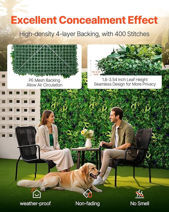 VEVOR Artificial Grass Wall Panels, 8 PCS 20 x 20 inch, 3D Combination Greenery Boxwood Panel for Indoor Outdoor Green Decor & Ivy Fence Covering, Privacy Backdrop Wall Hedge Screen for Garden