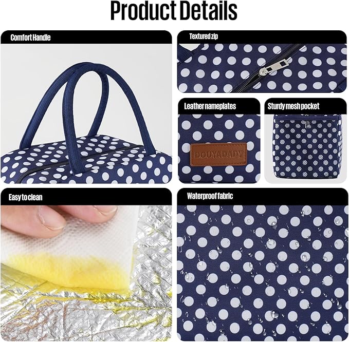douyadady Lunch Bag Women/Men Lunch Box Women/Men (Blue+White dots)