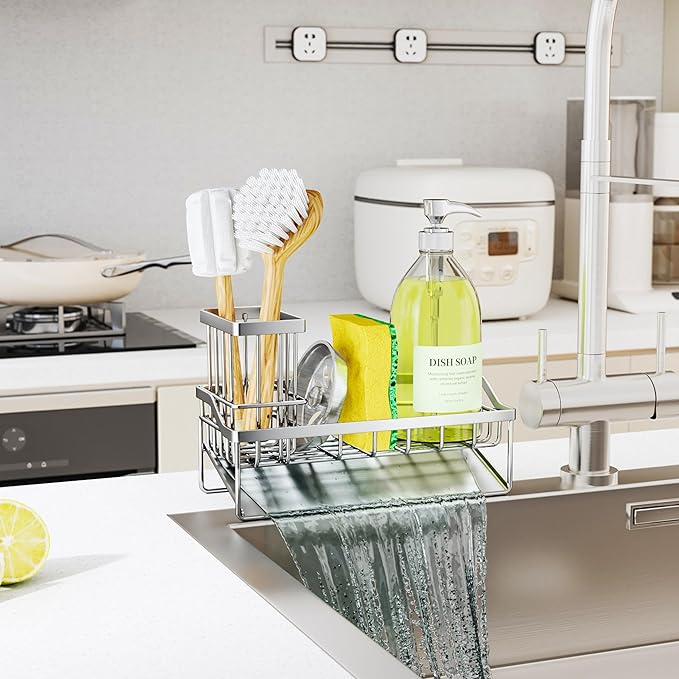SWTYMIKI Sink Caddy Sponge Holder - Kitchen Sink Organizer with Stainless Steel Self Drain Tray & High Brush Holder for Countertop to Hold Dish Soaps and Sponges, Stainless Steel, Silver