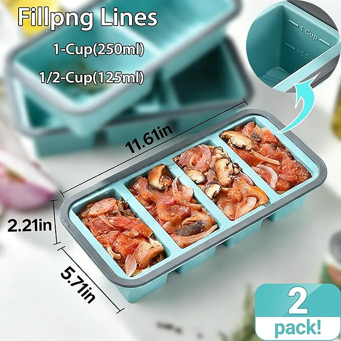1/2 Cup Silicone Freezer Molds for Soup Ice Cubes, 4 Cavity Freezer Tray with Lid for Food, Homemade Large Ice Cube、Frozen Broth、Leftovers and Meal Prep - Set of 2