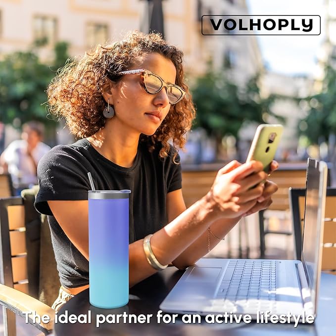 Volhoply 4 Pack Skinny Tumblers with Lid and Straw, 20oz Stainless Steel Straight Tumbler Bulk, Vacuum Insulated Coffee Mug for Home, Office, Travel, DIY (Mix Color,4 Pack)
