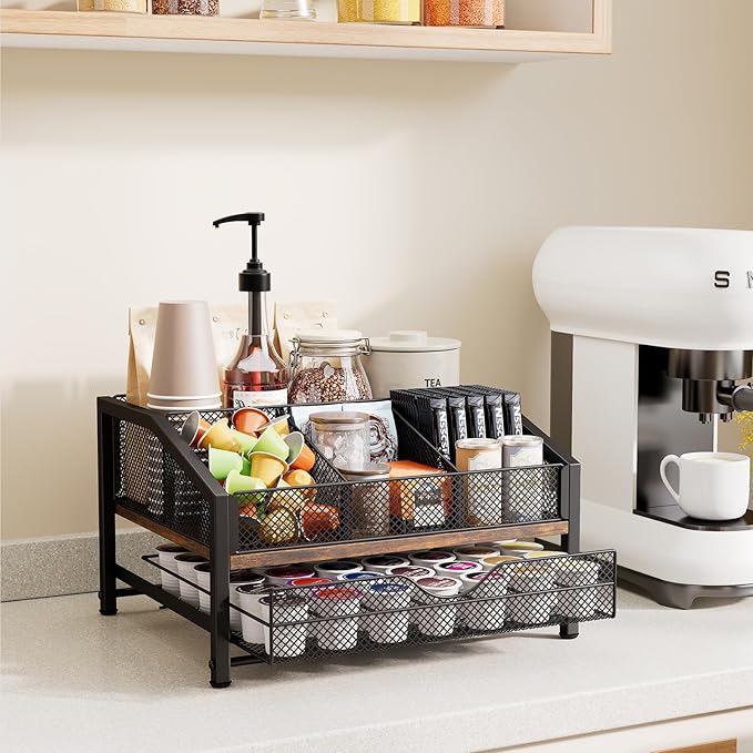 Homsorout Coffee Bar Organizer - Coffee Station for Countertop, Metal and Wood K Cup holder Storage Basket with Drawer for Syrup, Cups, Stirrer, Condiment, Tea Organizer, Brown