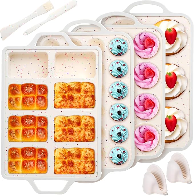7 Pcs Silicone Baking Pan Set Nonstick Bakeware Set with 4 Molds (Loaf, Muffin, Mini Muffin, Round), Spatula, Dual-head Pastry Brush Oven Mitts for Cupcakes Brownies Bread, Confetti Design