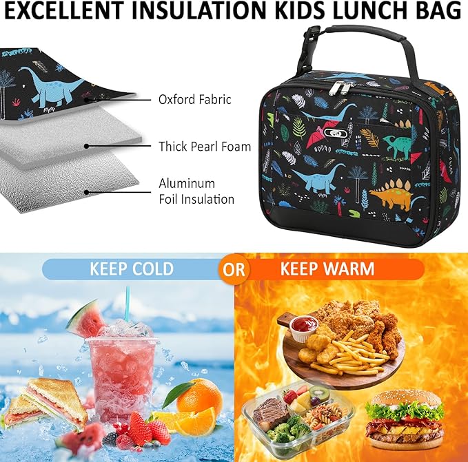 Lunch Box Kids Insulated Lunch Bag for Boys Girls Cute Reusable Lunch Tote Bag Waterproof Portable Thermal Lunch Box Kids for School Picnic Travel Dinosaur