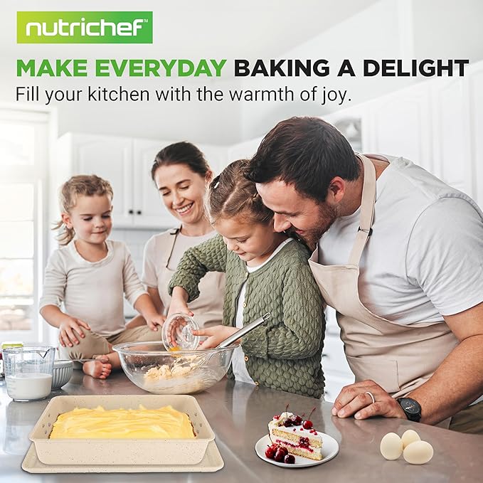 NutriChef 8-Piece Stackable Bakeware Set | Carbon Steel Non-Stick Baking Pan Set | Includes Sheet, Muffin, Round, Loaf, Square Cake & Deep Pans | No PFOA & PFOS | Oven Safe to 450 F | Marble Cream