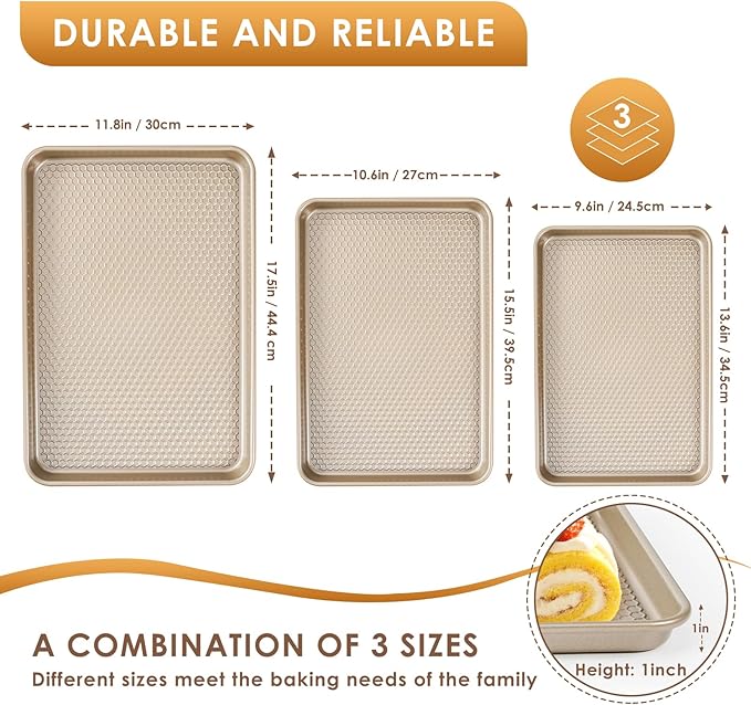 Baking Sheet Pan Set of 3, Nonstick Carbon Steel Cookie Sheets with Texture, Commercial Half/Quarter/Jelly Roll Pans Replacement Toaster Oven Tray, Heavy Duty & Easy Clean, Champagne Gold