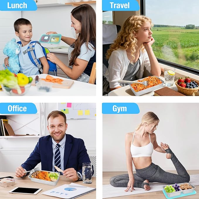 4 PCS Stainless Steel Snack Containers with Lids, Reusable Double Compartment Grab and Go Bento Lunch Box for Adult (4 Snack Containers+4 Forks)