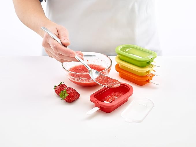 Lékué Set of 4 Stackable Popsicle Molds + Sticks & Lids | Homemade Freezer Ice Pops & Frozen Snacks | Flexible Platinum Silicone for Easy Fill & Unmold | Reusable & Dishwasher Safe| Multicolor