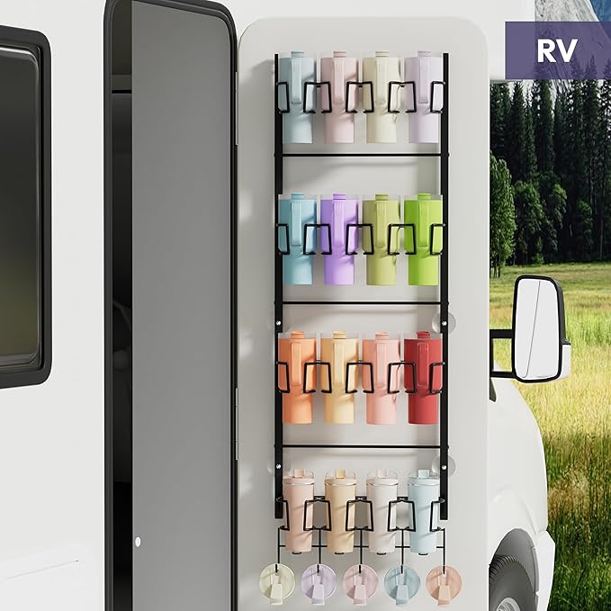 SWTYMIKI 4-Tier Water Bottle Organizer - Over the Door Stanley Cup Holder - Cup Rack with Hooks for Door or Wall Mount Option- Tumbler Organizer Storage Display for Kitchen Dorm Office RV, Black