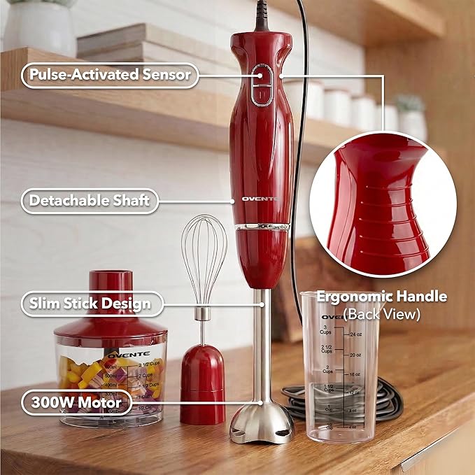 OVENTE Immersion Hand Blender Set, 300W Electric Handheld Stick Mixer, 2 Mixing Speeds with Stainless Steel Blades, Egg Whisk, Beaker & BPA-Free Food Chopper, Red HS565R
