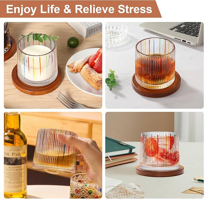 Rotatable Old Fashioned Glass Cup, 275ml/10oz Crystal Whiskey Glass, Wood Coaster, Thickening, Used as Rum Glass, Cocktail Cup, Coffee, Milk to Relax and Reduce Stress, Ideal Gift