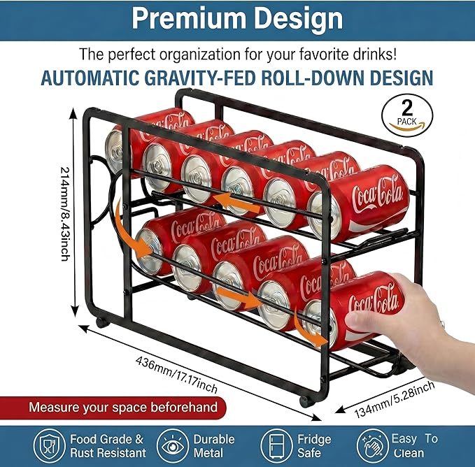 CANYAVE Soda Can Organizer Storage Rack, 2 Pack Stackable Beverage Soda Can Dispenser Organizer Holder for Refrigerator, Cabinet, Pantry (Black)