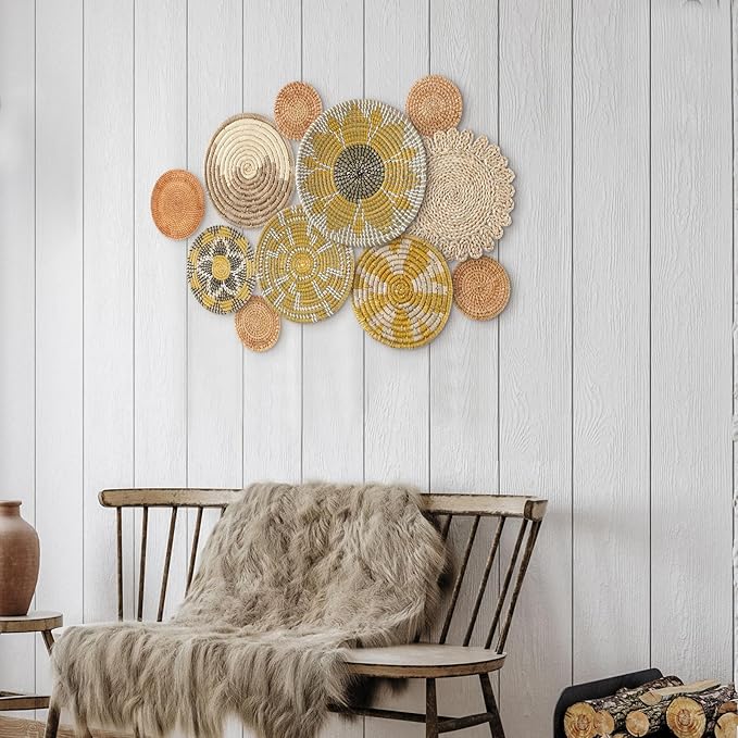 Tatuo 11 Pcs Boho Wall Basket Decor Bulrush Woven Wall Hanging Art Round Farmhouse Rustic Handmade Wicker for Summer Home, Bedroom, Living Room, Kitchen Decorations, Multi Sizes(Lively)