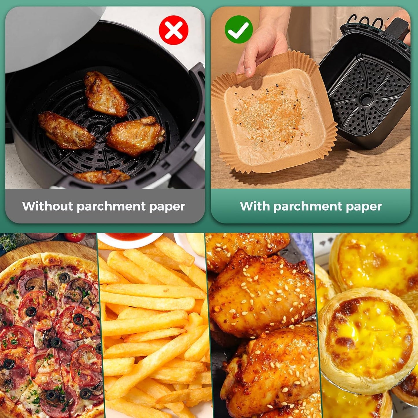 Air Fryer Paper Liners, 50 PCS Air Fryer Liners Disposable, 8" Square Baking Liner for 5-8 qt Airfryer Basket, Non-stick and Oil Proof Parchment Paper for Oven, Pans & Baking