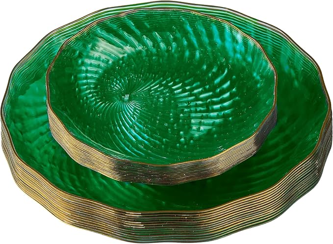 PLASTICPRO 30 Pack Plastic Plates Set of 15-10 inch Plates and 15-7 inch Plates, Elegant Clear Green Spiral and Gold Rim Disposable Fancy Plates Premium Heavyweight