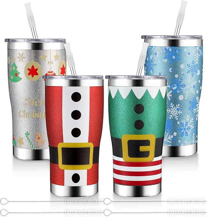 Sieral 4 Pack Christmas Glitter Tumbler Set 20oz Stainless Steel and Double Wall Insulated Travel Coffee Mug with Lid Straws and Brushes for Christmas Gift Friends