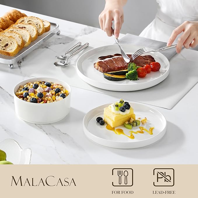 MALACASA 18 Pieces Porcelain Dinnerware Set, Modern White Dish Set for 6, Premium Serving Plates and Bowls Sets, Chip and Scratch Resistant Dishware Sets Kitchen Dishes Dining Ware Set, Series LEAH