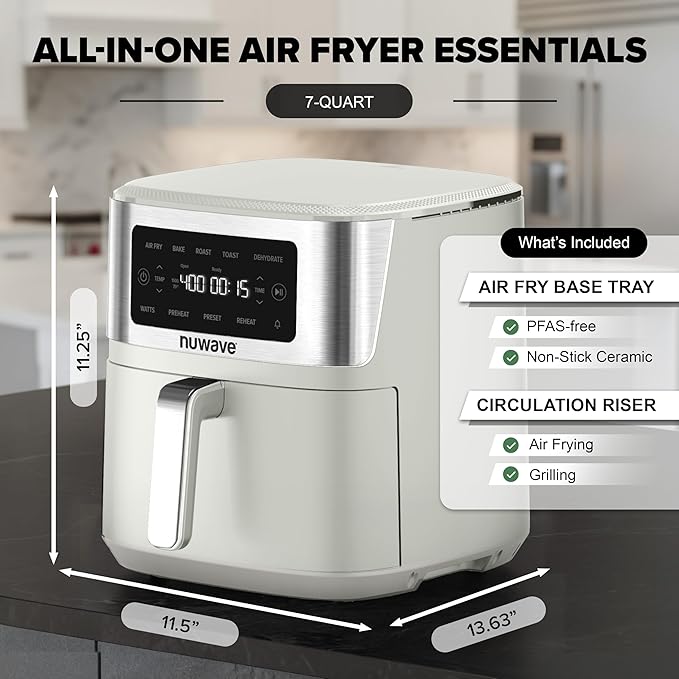 Nuwave Brio Plus 6-in-1 Air Fryer, 7-Qt Large Capacity, 50°F–400°F Precise Temp Control, Non-Toxic PFAS-Free Nonstick, Air Fry, Bake, Roast, Toast, Dehydrate, Reheat, 100 Presets, Dishwasher Safe