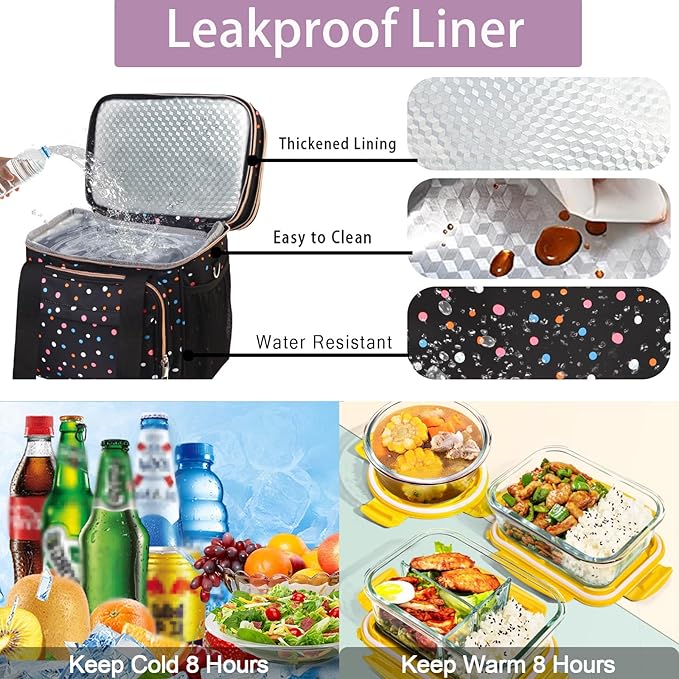 GLENKEY Versatile Lunch Box Cooler Bag - Expandable Insulated Lunch Bag Tote for Women - Large Lunchbox for Adults Work Office Outside Trips Polka Dots 16L