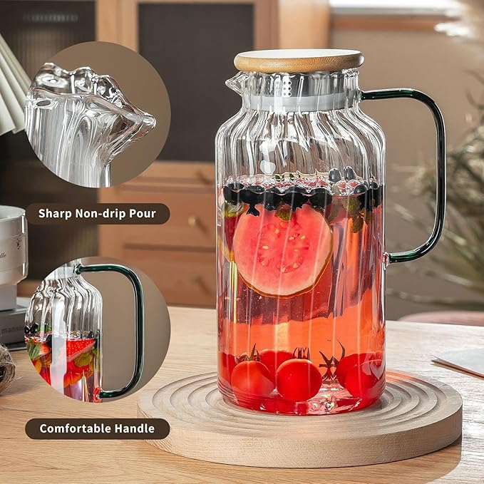 Buaic 2 PACK Glass Pitcher with Lid, 68 oz/ 2 Liter Classic Vertical Stripes Water Pitcher with Bamboo Lids,Glass Water Carafe for Cold Brew, Coffee, Lemonade, Iced Sun Tea,Beverage,Milk