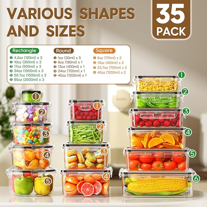 70 PCS Food Storage Containers with Lids Airtight (35 Containers & 35 Lids), 100% Leak Proof Meal Prep Container for Kitchen, BPA-Free Plastic(Polypropylene5), Microwave/Dishwasher Safe, Labels & Pen