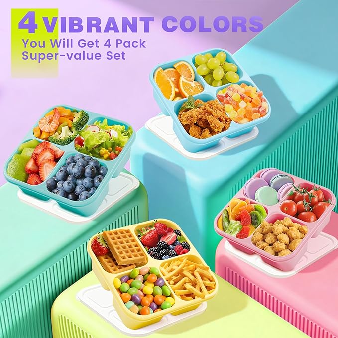 4 Pack Snack Containers Bento Box Adult Lunch Box,Meal Prep Container, Reusable Food Storage lunch Containers Stackable for Work, Travel and Gym (Pink, Blue, Green, Yellow)