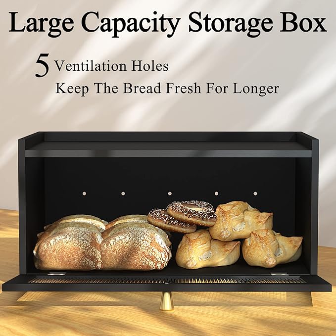 ETMI Black Bread Box for Kitchen Countertop - Modern bamboo Bread box with Window Bread Storage Container