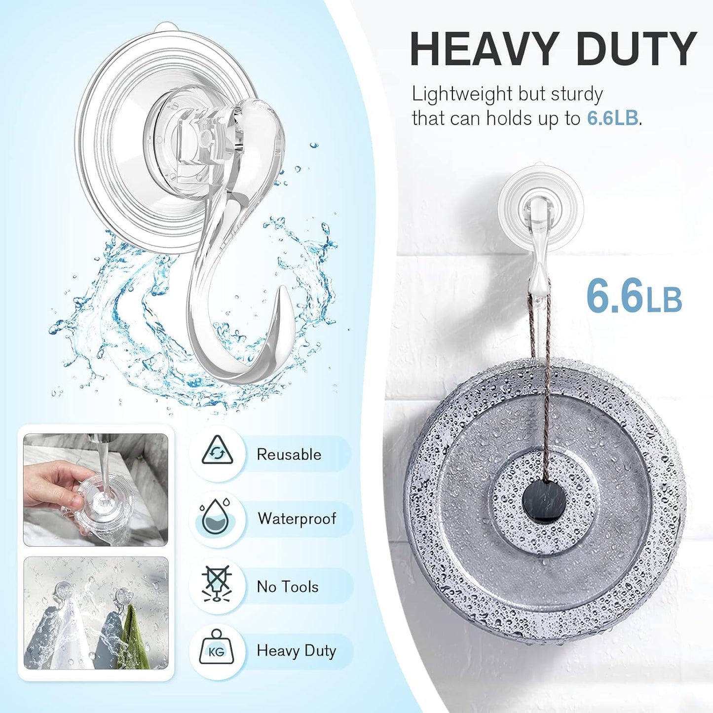 VIS'V Suction Cup Hooks, Small Shower Suction Hooks with Wipes, Heavy Duty, Removable and Reusable, Clear, 2 Pcs