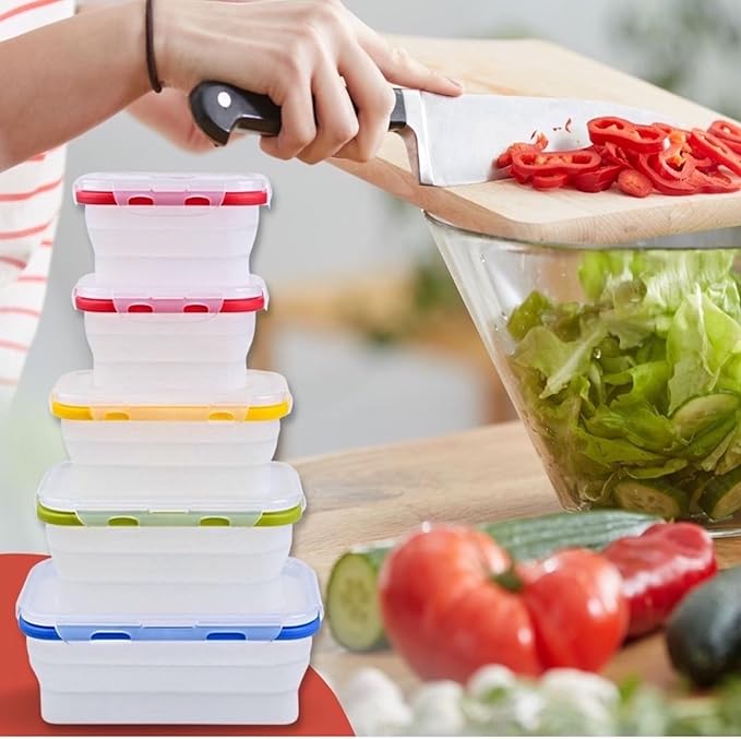 ECOBERI Collapsible Silicone Food Storage Containers Set of 5, BPA-Free Food-Grade Silicone, Airtight Snap Lids, Microwave, Freezer & Dishwasher Safe, Space-Saving Meal Prep & Lunch Containers