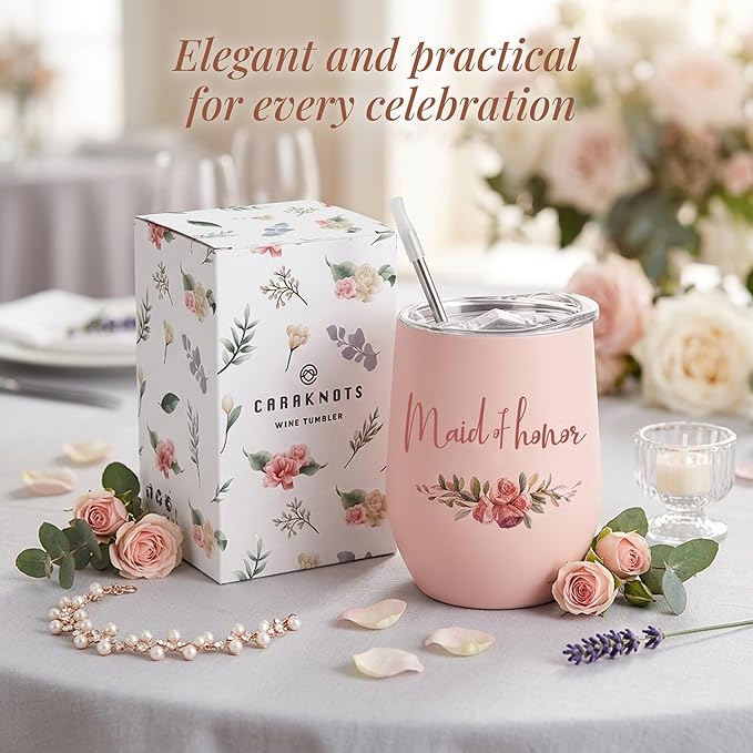 CARAKNOTS Maid of Honor Gifts Wedding Tumbler Bridesmaid Proposal Gifts Maid of Honor Wine Tumbler for Engagement Bachelorette Party Pink Stainless Steel Tumblers with Lid and Straw 12 oz