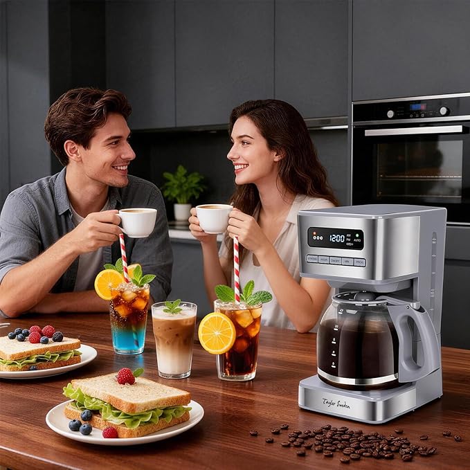 Taylor Swoden Programmable Coffee Makers 12 Cup, Hot and Iced Coffee Maker, 4 Brew Strength, LED Display, 24H Timer, Keep Warm&Auto Shutoff- Drip Coffee Machine for Home/Office, Gray & Stainless Steel