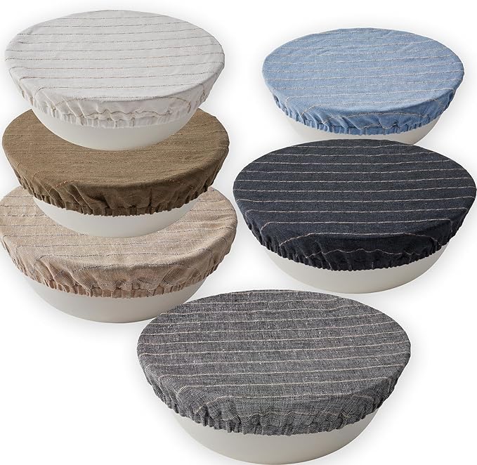 100% Pure Linen Bowl Covers For Bread Proofing, 4 Pcs Elastic Reusable Bowl Covers Large Ticking Striped Cloth Fabric Stretch Sourdough Lids, 6 * 8 * 10 * 12 Inches- Deep Blue