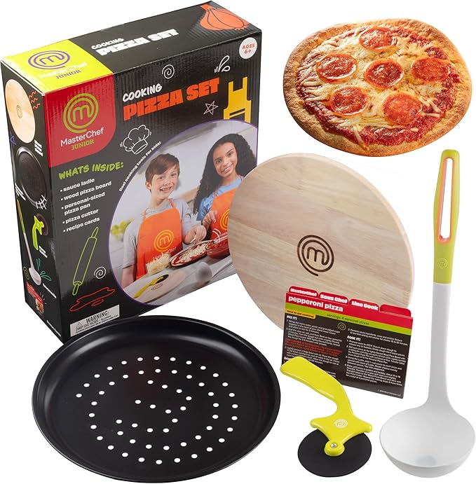 MasterChef Junior Pizza Cooking Set - 5 Pc Kit Includes Real Cookware for Kids w Recipes, Board, Roller - Make Homemade Pizza, Birthday