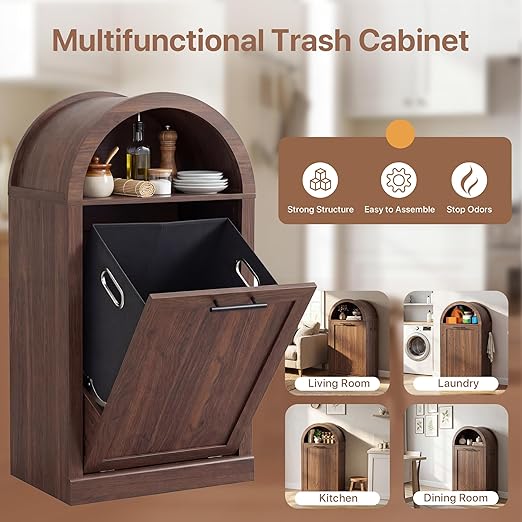 Arched Tilt-Out Trash Can Cabinet Set of 2,Laundry Hamper Cabinet with Foldable Laundry Basket,Wooden Hidden Garbage Can Cabinets with Metal Handle & Hooks,Walnut