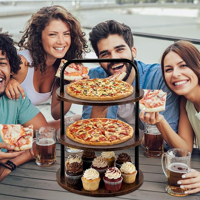 4 Pcs Wooden Pizza Stands Tiered Serving Tray Stand with 3 Pizza Servers for Pie Cupcake Dessert Cheese Party Restaurant