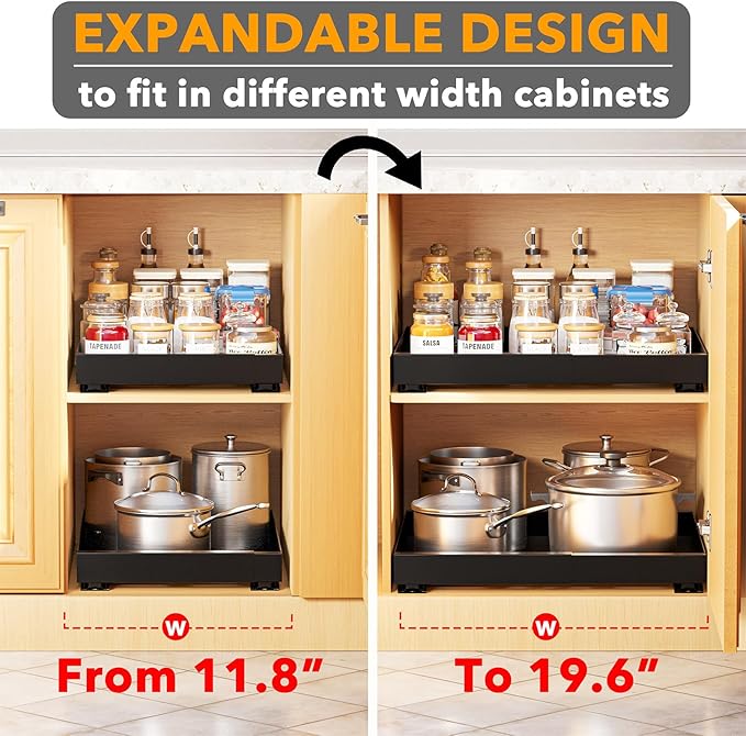 SpaceAid Pull Out Cabinet Organizer, 1 Pack Expandable 11.8"-19.6" (Need to Pull to Widen) Heavy Duty Pull-Out Drawer with Adhesive Tape for Kitchen Storage Cabinets (Black, 17" Deep)