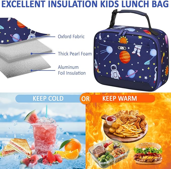 Lunch Box Kids Insulated Lunch Bag for Boys Girls Cute Reusable Lunch Tote Bag Waterproof Portable Thermal Lunch Box Kids for School Picnic Travel Blue Space