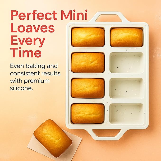 2-Pack Silicone Mini Loaf Pans for Baking Bread – 8-Cavity Nonstick Baking Molds with Metal-Reinforced Handles – BPA-Free, Odor-Resistant Silicone mini bread loaf pans for Cakes & Meatloaf – Cream
